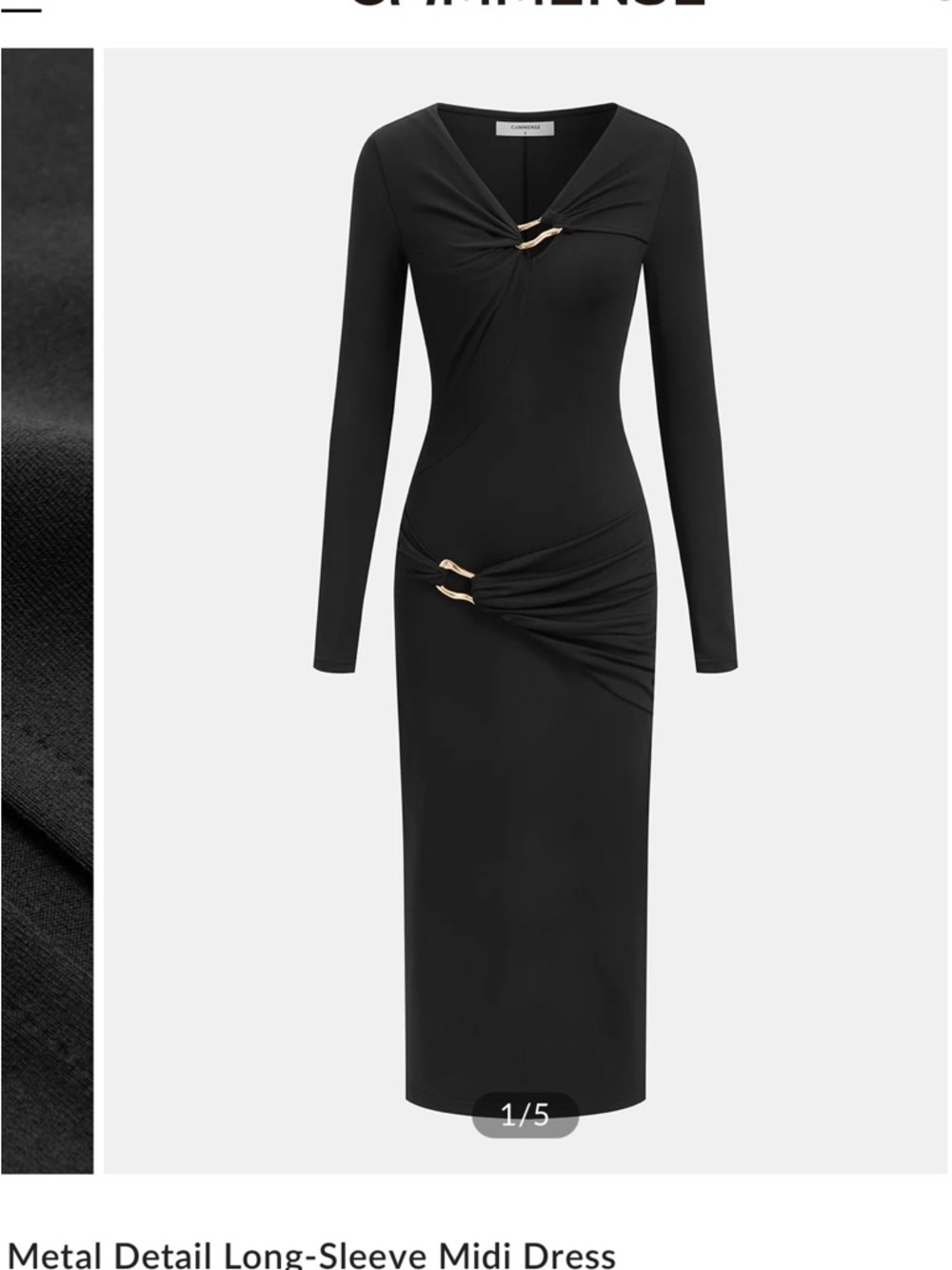 Commense Black Long-Sleeve Midi Dress with Gold Accents (With Tags, Never Worn)